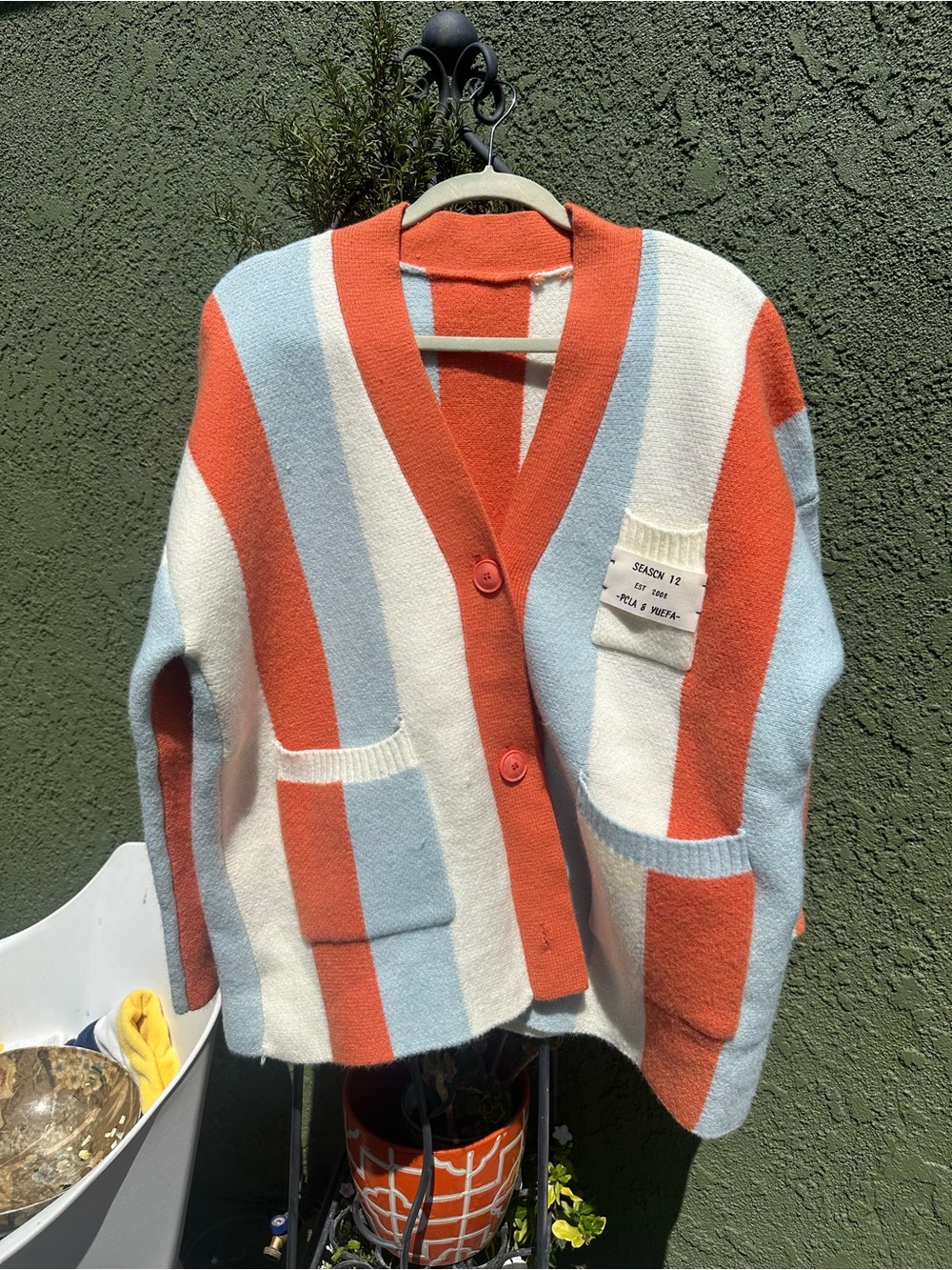 Striped V-Neck Cardigan in Orange, Light Blue & White